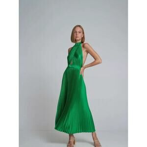L’IDEE Bright Green Renaissance Mock Neck Pleated Satin Midi Dress Size 12